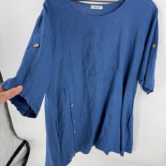 Pure Plus Made In Italy Linen Tunic Top Asymmetrical Button Front Oversized Blue - Picture 5 of 8